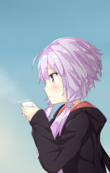 Rule 34 | 1girl, bad id, bad nicoseiga id, blowing, blue background, blush, cup, from side, hair ornament, holding, holding cup, hood, hoodie, kami shun0505, kamioka shun&#039;ya, long hair, long sleeves, low twintails, purple eyes, short hair with long locks, simple background, solo, steam, twintails, upper body, vocaloid, voiceroid, yuzuki yukari