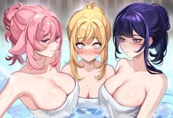 3girls blonde_hair blush breasts closed_mouth collarbone commentary english_commentary genshin_impact hair_up highres indoors large_breasts looking_at_another looking_at_viewer looking_down lumine_(genshin_impact) multiple_girls naked_towel onsen partially_shaded_face partially_submerged pink_hair pink_pupils purple_eyes purple_hair raiden_shogun sakichka small_breasts smile towel wet yae_miko