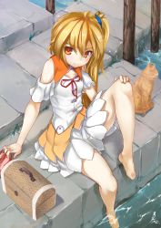 Rule 34 | 1girl, akita neru, bare legs, barefoot, blonde hair, box, cat, detached sleeves, dress, feet, hand on own knee, highres, holding, holding shoes, long hair, looking at viewer, lunchbox, magu (mugsfc), nail polish, orange eyes, shoes, unworn shoes, side ponytail, sitting, smile, soaking feet, solo, toes, vocaloid, water