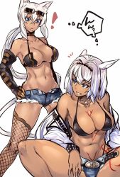 Rule 34 | 2girls, ?, akinaie, animal ears, belt, belt buckle, bikini, blue eyes, breasts, buckle, caenis (fate), cat ears, cat tail, cleavage, commentary request, crossover, dark-skinned female, dark skin, elbow gloves, eyewear on head, fang, fate/grand order, fate (series), female focus, fingerless gloves, frown, gloves, hair between eyes, hair intakes, hairband, highleg, highleg bikini, jacket, kaiten muten-maru, large breasts, long hair, long sleeves, look-alike, looking at another, micro shorts, multiple girls, nail polish, navel, open clothes, open jacket, shamu meruruusa, short shorts, shorts, simple background, sitting, smile, sunglasses, swimsuit, tail, tattoo, thighhighs, thought bubble, toned, toned female, trait connection, white background, white hair, white jacket, white nails