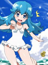 Rule 34 | 10s, 1girl, :o, blue eyes, blue hair, day, happinesscharge precure!, highres, long hair, matching hair/eyes, one-piece swimsuit, precure, shell, shirayuki hime, sidelocks, solo, surprised, swimsuit, water, white one-piece swimsuit, yumekaranigeruna