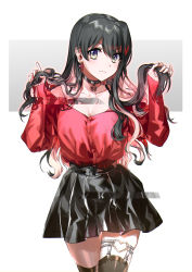 Rule 34 | 1girl, alternate costume, black hair, black skirt, blush, breasts, choker, cleavage, closed mouth, collarbone, earrings, hair between eyes, heart, highres, holding, holding hair, jewelry, kantai collection, long hair, long sleeves, multicolored hair, naganami (kancolle), pink hair, shirt, simple background, skirt, solo, thigh strap, thighhighs, two-tone hair, wavy hair, yoyoyotto