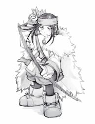 Rule 34 | 1girl, ainu, ainu clothes, arrow (projectile), asirpa, bandana, black hair, black pants, blush, boots, bow (weapon), cape, closed mouth, da ning (llemonyyyy), ear piercing, earrings, full body, fur cape, golden kamuy, greyscale, highres, holding, holding arrow, holding bow (weapon), holding weapon, hoop earrings, jewelry, long hair, looking back, monochrome, pants, piercing, sheath, sheathed, sidelocks, simple background, sketch, solo, standing, weapon, white background, white cape, white footwear