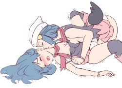 Rule 34 | 2girls, all fours, ass, bare legs, blue eyes, blue hair, blush, boots, breast press, breasts, clothes lift, cosplay, covered erect nipples, creatures (company), dawn (pokemon), dawn (pokemon) (cosplay), disguised zorua, game freak, gen 5 pokemon, hat, highleg, highleg panties, imminent penetration, licking another&#039;s neck, lying, medium breasts, moaning, multiple girls, nintendo, nipples, nipples touching, no bra, no panties, open mouth, panties, pokemon, pokemon: zoroark: master of illusions, pokemon (anime), pokemon dppt (anime), saliva, scarf, simple background, skirt, skirt lift, smile, sweat, tail, tears, transformation, trembling, underwear, undressing, white background, white panties, yondu, yuri, zorua