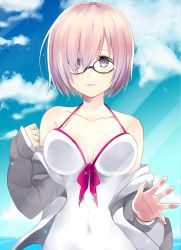 Rule 34 | 1girl, against glass, bad id, bad pixiv id, black-framed eyewear, blue sky, blush, breast press, breasts, breasts on glass, cloud, cloudy sky, collarbone, covered navel, day, fate/grand order, fate (series), glasses, hair over one eye, hands up, highres, hood, hoodie, large breasts, light purple hair, light rays, light smile, looking at viewer, mash kyrielight, mash kyrielight (swimsuit of perpetual summer), ocean, official alternate costume, one-piece swimsuit, open clothes, open hoodie, outdoors, parted lips, purple eyes, purple hair, short hair, sky, sleeves past wrists, solo, sunbeam, sunlight, swimsuit, upper body, white one-piece swimsuit, yukichi (eikichi)
