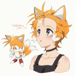 Rule 34 | 2boys, animal ears, animal nose, banri 0917, bare shoulders, black choker, blue eyes, blush, child, choker, collarbone, commentary request, dual persona, fox boy, fox ears, fox tail, full body, furry, furry male, gloves, grey eyes, humanization, korean commentary, korean text, male focus, multiple boys, multiple tails, open mouth, orange hair, red footwear, shoes, short hair, simple background, sonic (series), sonic the hedgehog (classic), standing, tail, tails (sonic), translation request, two tails, upper body, white background, white gloves