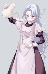 Rule 34 | 1girl, apron, black dress, blush, cup, dress, flying sweatdrops, grey background, grey hair, highres, holding, holding cup, holding teapot, long hair, long sleeves, looking down, maid, maid apron, midori usagi, oogami shiro, parted bangs, shoujo kageki revue starlight, shoujo kageki revue starlight -re live-, solo, sweat, teapot, upper body