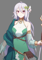 Rule 34 | aged up, alternate breast size, antenna hair, bare shoulders, blush, breasts, collarbone, detached sleeves, elf, flower, grey background, hair flower, hair ornament, highres, holding, holding weapon, kokkoro (princess connect!), long hair, medium breasts, pink eyes, pointy ears, polearm, princess connect!, sanderson, see-through, see-through sleeves, sidelocks, silver hair, simple background, smile, solo, spear, very long hair, weapon