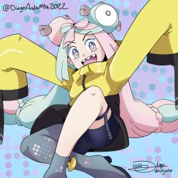 Rule 34 | 1girl, 2022, blue hair, character hair ornament, creatures (company), diegoandsmtz, game freak, grey footwear, hair ornament, highres, iono (pokemon), jacket, long hair, looking at viewer, multicolored hair, nintendo, open mouth, oversized clothes, pink eyes, pink hair, pokemon, pokemon sv, sharp teeth, signature, sitting, sleeves past fingers, sleeves past wrists, solo, teeth, two-tone hair, very long hair, yellow jacket