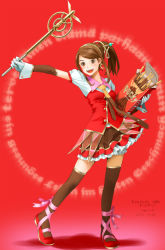 Rule 34 | 1girl, :d, ankle lace-up, bare shoulders, black thighhighs, blush, box, brown eyes, brown hair, cross-laced footwear, detached sleeves, dress, food, gloves, hair ornament, highres, magical girl, necktie, open mouth, original, outstretched arm, pocky, ponytail, red footwear, ribbon, robot (santouhei), shoes, short hair, smile, solo, thighhighs