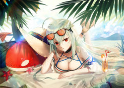 Rule 34 | 1girl, absurdres, ahoge, arknights, bare shoulders, beach, black choker, breasts, chinese commentary, choker, cleavage, crazy straw, cup, drinking glass, drinking straw, eyewear on head, food, fruit, grey shorts, hair between eyes, hair ornament, hat, head rest, heart straw, highres, inflatable orca, inflatable toy, juice, large breasts, lemon, lemon slice, long hair, looking at viewer, low-tied long hair, lying, mixed-language commentary, off-shoulder shirt, off shoulder, official alternate costume, on stomach, orca hair ornament, parted lips, red eyes, runme, sandals, shirt, short shorts, short sleeves, shorts, silver hair, skadi (arknights), skadi (waverider) (arknights), solo, stuffed animal, stuffed orca, stuffed toy, sunglasses, the pose, thigh strap, thighs, unworn hat, unworn headwear, very long hair, white hat, white shirt