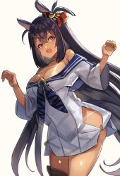Rule 34 | 1girl, animal ears, bare shoulders, black hair, blue shirt, breasts, choker, cleavage, commentary request, cowboy shot, dark-skinned female, dark skin, ear scrunchie, fang, highres, hishi amazon (umamusume), horse ears, horse girl, horse tail, large breasts, long hair, medium breasts, open mouth, red eyes, shirt, simple background, skirt, solo, tail, tan, tanline, the olphy, thigh strap, two-tone shirt, umamusume, very long hair, white background, white choker, white shirt, white skirt
