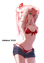 Rule 34 | 1girl, aqua eyes, arms up, artist name, bikini, bikini under clothes, breasts, chenaze57, clothes in mouth, clothes lift, contrapposto, cowboy shot, darling in the franxx, front-tie bikini top, front-tie top, grey shorts, hair between eyes, hair ornament, hair scrunchie, hairdressing, highres, horns, large breasts, lifted by self, long hair, long sleeves, looking at viewer, mouth hold, navel, open clothes, open fly, open shorts, pink hair, red bikini, red ribbon, ribbon, scrunchie, see-through, shirt, shirt in mouth, shirt lift, short shorts, shorts, solo, stomach, swimsuit, tying hair, very long hair, water drop, wet, wet clothes, wet shirt, white shirt, zero two (darling in the franxx)