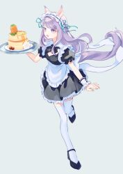 Rule 34 | 1girl, :d, absurdres, alternate costume, animal ears, apron, black bow, black bowtie, black dress, black footwear, bow, bowtie, cake, carrot, dress, enmaided, food, frilled apron, frills, grey background, highres, holding, holding tray, horse ears, horse girl, horse tail, long hair, looking to the side, maid, maid apron, maid headdress, mejiro mcqueen (umamusume), open mouth, puffy short sleeves, puffy sleeves, purple eyes, purple hair, saha3nemui, short sleeves, simple background, smile, solo, tail, thighhighs, tray, umamusume, waist apron, white apron, white thighhighs, wrist cuffs