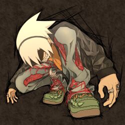 Rule 34 | 1boy, black jacket, blood, blood from mouth, crescent moon, denim, eyes in shadow, green footwear, highres, jacket, jeans, jewelry, keeeey, moon, moon with face, multiple rings, necklace, pants, ring, saliva, sharp teeth, shoes, sneakers, soul eater, soul evans, squatting, teeth, torn clothes, torn pants, white hair
