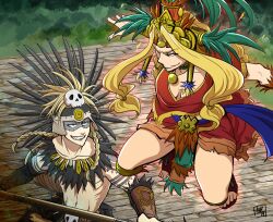 Rule 34 | 1boy, 1girl, aztec, blonde hair, blue eyes, brother and sister, circlet, fate/grand order, fate (series), green eyes, grin, mexican clothes, mochizuki aki, poncho, quetzalcoatl (fate), siblings, skirt, smile, tezcatlipoca (fate)