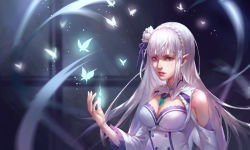 10s 1girl breasts cleavage emilia_(re:zero) female_focus flower hair_flower hair_ornament large_breasts long_hair looking_at_viewer looking_away parted_lips pointy_ears re:zero_kara_hajimeru_isekai_seikatsu sawamaharu solo white_flower white_hair