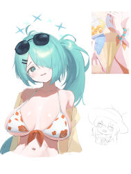 Rule 34 | 2girls, absurdres, antenna hair, aqua eyes, aqua hair, atsuko (blue archive), bare shoulders, bikini, blue archive, blush, breasts, breasts apart, chibi, chibi inset, cropped torso, cygnet (5817cygnet), eyewear on head, hair ornament, hairclip, halo, highres, hiyori (blue archive), large breasts, long hair, looking at viewer, multiple girls, navel, open mouth, raised eyebrows, reference inset, side ponytail, solo focus, sunglasses, swimsuit, swimsuit cover-up, upper body, wavy mouth, white bikini