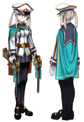 Rule 34 | 10s, 1girl, adapted costume, alternate costume, back, belt, black footwear, black pantyhose, blonde hair, blue eyes, breasts, cape, commentary request, dual wielding, female focus, gloves, graf zeppelin (kancolle), grey eyes, gun, hair between eyes, hat, holding, holding gun, holding weapon, jacket, kantai collection, large breasts, long hair, long sleeves, looking at viewer, miniskirt, pantyhose, peaked cap, ruisento, shoes, sidelocks, simple background, skirt, solo, standing, twintails, uniform, weapon, white background, white gloves