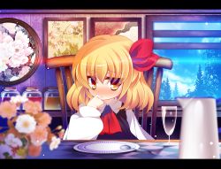 Rule 34 | 1girl, :&lt;, ascot, blonde hair, blurry, blush, cloud, contemporary, depth of field, drawing (object), dress, embodiment of scarlet devil, female focus, finger to mouth, flower, glass, goriyaku, hair ribbon, hungry, jar, jitome, letterboxed, picture frame, pitcher (container), plate, red eyes, ribbon, room, rumia, shirt, short hair, sitting, smile, solo, table, touhou, tree, window, yellow eyes