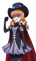 Rule 34 | 1girl, black cape, black gloves, black hat, black thighhighs, blue mask, blunt bangs, blush, boots, braid, breasts, brown eyes, cape, cleavage, clenched hand, cosplay, d:, delicious party precure, elbow gloves, emblem, gentlu (precure), gentlu (precure) (cosplay), girls und panzer, gloves, hand up, hat, kayabakoro, kayano ai, long hair, ooarai (emblem), open mouth, orange hair, pantyhose, precure, purple skirt, red cape, simple background, skirt, solo, takebe saori, thigh boots, thighhighs, top hat, twin braids, two-sided cape, two-sided fabric, voice actor connection, white background