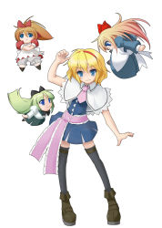 Rule 34 | &gt;:), 1girl, alice margatroid, apron, arm up, black thighhighs, blonde hair, blue eyes, blue skirt, boots, bow, bowtie, capelet, chibi, crossed arms, dress, female focus, floating, frills, green hair, hairband, head tilt, highres, hourai doll, long hair, looking at viewer, miniskirt, necktie, orange hair, puffy sleeves, red dress, sash, shanghai doll, shirt, short hair, simple background, skirt, smile, solo, standing, thighhighs, touhou, v-shaped eyebrows, very long hair, waist apron, wapokichi, white background, zettai ryouiki