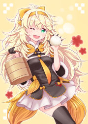 Rule 34 | 1girl, ;d, bamboo steamer, baozi, beige background, black dress, black gloves, black thighhighs, blonde hair, blush, bow, breasts, commentary request, dress, food, fur-trimmed sleeves, fur trim, girls&#039; frontline, gloves, green eyes, hair between eyes, hair bow, hairband, half gloves, hands up, harada (sansei rain), highres, holding, holding food, long hair, looking at viewer, official alternate costume, one eye closed, open mouth, orange bow, orange hairband, pleated skirt, s.a.t.8 (girls&#039; frontline), s.a.t.8 (wintersweet) (girls&#039; frontline), skirt, small breasts, smile, solo, thighhighs, very long hair, white skirt, wide sleeves