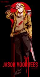 Rule 34 | 1boy, axe, black gloves, blonde hair, blood, blood on clothes, blue eyes, character name, cosplay, dirty, friday the 13th, full body, gloves, highres, hockey mask, hol horse, jacket, jason voorhees, jason voorhees (cosplay), jojo no kimyou na bouken, long hair, machete, male focus, mask, smile, solo, tianel ent, twitter username, weapon