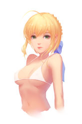 Rule 34 | 1girl, artoria pendragon (all), artoria pendragon (fate), bikini, blonde hair, braid, breasts, covered erect nipples, fate (series), french braid, green eyes, looking at viewer, medium breasts, navel, saber (fate), simple background, solo, swimsuit, upper body, white background, white bikini, xion32