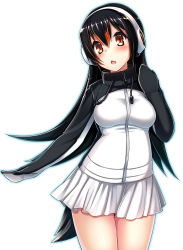 Rule 34 | 10s, 1girl, black hair, brown eyes, chestnut mouth, commentary request, fuuki (te fuukin), gentoo penguin (kemono friends), headphones, jacket, kemono friends, long hair, looking at viewer, simple background, solo, tail, white background