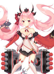 Rule 34 | 1girl, azur lane, bare shoulders, black gloves, black skirt, blush, bow, brown eyes, closed mouth, collarbone, commentary request, detached collar, detached sleeves, fingerless gloves, fur-trimmed sleeves, fur trim, gloves, hair between eyes, hair bow, hamakaze (azur lane), headgear, highres, horns, long sleeves, looking at viewer, pink hair, pleated skirt, red bow, ribbon-trimmed skirt, ribbon trim, shirt, sidelocks, simple background, skirt, solo, striped, striped bow, thighhighs, tokisato, twintails, white background, white shirt, white thighhighs, wide sleeves
