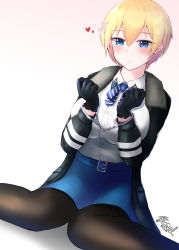 Rule 34 | 1girl, belt, black gloves, black jacket, black pantyhose, blonde hair, blue belt, blue eyes, blue ribbon, blue skirt, blush, bound, bound wrists, breasts, closed mouth, collared shirt, commentary request, cowboy shot, cuffs, dated, dated commentary, fur-trimmed jacket, fur trim, girls&#039; frontline, gloves, hair between eyes, hair ornament, handcuffs, heart, highres, jacket, large breasts, long sleeves, mole, mole under eye, mysteltainn, neck ribbon, open clothes, open jacket, pantyhose, ribbon, shadow, shirt, shirt tucked in, short hair, sidelocks, signature, simple background, sitting, skirt, snowflake hair ornament, solo, vsk-94 (girls&#039; frontline), wariza, white background, white shirt