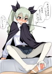 Rule 34 | 10s, 1girl, anchovy (girls und panzer), bar censor, blush, cape, censored, drill hair, feet, footjob, girls und panzer, green hair, hair ribbon, kumadano, long hair, looking at viewer, no shoes, open mouth, pantyhose, penis, pleated skirt, ribbon, riding crop, skirt, soles, solo focus, toes, translated, twin drills, twintails, uniform, white pantyhose