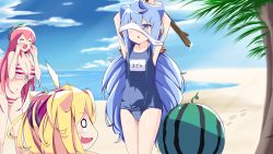 Rule 34 | 10s, 1boy, 2girls, ahoge, beach, bikini, blindfold, blindfold slip, blonde hair, blue eyes, blue hair, breasts, buried, closed eyes, cloud, commentary, day, food, fruit, hacka doll, hacka doll 1, hacka doll 2, hacka doll 3, hair ornament, highres, large breasts, long hair, mijinko (rioriorio), multiple girls, name tag, ocean, open mouth, outdoors, red hair, school swimsuit, sky, stick, striped bikini, striped clothes, suikawari, summer, swimsuit, tears, translated, trap, twintails, very long hair, watermelon