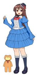 Rule 34 | 1girl, :d, adapted costume, ankimo (tokino sora), arm at side, black hairband, black headwear, blue jacket, blue skirt, blue socks, bow, brown eyes, brown hair, buttons, center frills, frilled hat, frilled socks, frills, full body, hair between eyes, hairband, hand up, hat, hat bow, high heels, highres, hololive, jacket, juliet sleeves, kneehighs, legs apart, long hair, long sleeves, mary janes, mini hat, mini top hat, okunin, open clothes, open jacket, open mouth, pink bow, puffy sleeves, purple footwear, shirt, shoes, simple background, skirt, sleeves past elbows, smile, socks, solo, standing, straight hair, stuffed animal, stuffed toy, teddy bear, teeth, tokino sora, tokino sora (old design), top hat, virtual youtuber, white background, white shirt