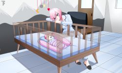 Rule 34 | 1boy, 1girl, artist logo, azur lane, bed, black footwear, blue eyes, blue pajamas, blue pants, chair, commentary, commission, decorations, highres, mother and son, pacifier, pajamas, pants, pink hair, seydlitz (azur lane), sitting, slippers, toy bits, transparent