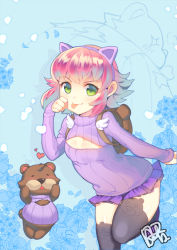 Rule 34 | 1girl, :p, animal ears, annie (league of legends), backpack, bag, cat ears, dakun, green eyes, hairband, heart, league of legends, looking at viewer, meme attire, open-chest sweater, pink hair, short hair, sleeves past wrists, solo, stuffed animal, stuffed toy, sweater, teddy bear, thighhighs, tibbers, tongue, tongue out
