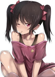 Rule 34 | 10s, 1girl, bad id, bad pixiv id, bare shoulders, black hair, blush, bow, collarbone, food, hair between eyes, kneehighs, looking at viewer, love live!, love live! school idol project, mouth hold, off-shoulder shirt, off shoulder, one eye closed, pocky, red eyes, shirt, simple background, socks, solo, tai (nazutai), thighs, twintails, yazawa nico