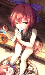 Rule 34 | 1girl, bare arms, bare legs, black shirt, blue bow, bow, bucket, commentary request, cup, disembodied head, drinking glass, eating, food, hair bow, hand fan, highres, holding, holding food, imaizumi kagerou, isu (is88), looking at viewer, miniskirt, one eye closed, popsicle, red eyes, red hair, red skirt, sekibanki, shadow, shirt, short hair, sitting, skirt, soaking feet, solo, sweat, touhou, water