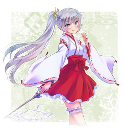 Rule 34 | 1girl, absurdres, adapted object, blue eyes, earrings, hakama, hakama skirt, highres, iesupa, japanese clothes, jewelry, bridal garter, long hair, miko, ponytail, rwby, scar, side ponytail, skirt, solo, tiara, weiss schnee, white hair, wide sleeves