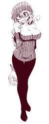 Rule 34 | 1girl, absurdres, areola slip, bag, bare shoulders, blush, breasts, cleavage, collarbone, curvy, earrings, glasses, grocery bag, hat, high contrast, highres, impossible clothes, impossible sweater, jewelry, kusanagi tonbo, large breasts, long hair, long image, looking at viewer, monochrome, off-shoulder, off-shoulder sweater, off shoulder, open mouth, original, ribbed sweater, shopping bag, smile, solo, spring onion, sweater, tall image, teeth, thigh gap, white background