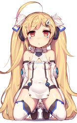 Rule 34 | 1girl, ahoge, azur lane, bare shoulders, blank stare, blonde hair, blunt bangs, breasts, cleavage cutout, clothing cutout, covered navel, detached sleeves, eldridge (azur lane), expressionless, facial mark, full body, fur trim, hair ornament, hairpin, highres, jitome, kneeling, long hair, looking at viewer, parted lips, red eyes, shoes, simple background, small breasts, solo, thighhighs, twintails, two side up, very long hair, wagashi928, white background, white thighhighs