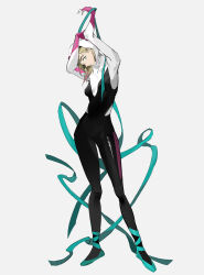 Rule 34 | 1girl, absurdres, arms up, ballet slippers, blonde hair, blue ribbon, bodysuit, colored tips, full body, gwen stacy, highres, hood, hooded bodysuit, marvel, multicolored hair, ribbon, simple background, solo, spider-gwen, spider-man: across the spider-verse, spider-man (series), spider-verse, spider web print, standing, yashugu