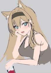 Rule 34 | 1girl, :d, animal ear fluff, animal ears, arknights, bare arms, bare shoulders, black hairband, blue eyes, blush, brown hair, cropped torso, grey background, grey tank top, hair between eyes, hairband, holding, horn (arknights), long hair, looking at viewer, multico, open mouth, simple background, sketch, smile, solo, tank top, upper body, very long hair