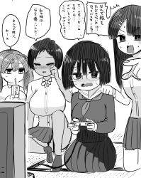 Rule 34 | 4girls, black hair, bob cut, breasts, brown eyes, commentary, controller, game controller, glasses, greyscale, highres, juice box, large breasts, monochrome, multiple girls, school uniform, sweat, television, translated, zurikishi