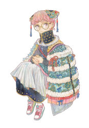Rule 34 | 1other, 3:, ambiguous gender, androgynous, ankle socks, blue ribbon, closed mouth, earrings, from side, full body, fur trim, glasses, hair behind ear, hands on lap, high collar, highres, invisible chair, jewelry, looking at viewer, looking to the side, original, own hands clasped, own hands together, painting (medium), pink eyes, pink footwear, pink hair, red pupils, ribbon, runta, shoes, short hair, simple background, sitting, sneakers, socks, solo, traditional media, twitter username, very short hair, watercolor (medium), white background, white socks, yellow-framed eyewear
