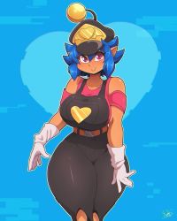 Rule 34 | 1girl, black headwear, black pants, blue hair, blush, borrowed character, breasts, closed mouth, collarbone, dark-skinned female, dark skin, emi (twistedgrim), gloves, heart, highres, large breasts, long hair, original, overalls, pants, pink eyes, pink shirt, pointy ears, ryou sakai, shirt, short hair, smile, solo, thick thighs, thighs, white gloves