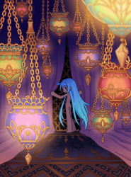 Rule 34 | 1other, androgynous, ass, bad id, bad pixiv id, barefoot, blue eyes, blue hair, carpet, commentary request, completely nude, curtain grab, curtains, dark-skinned female, dark skin, from behind, indoors, lantern, lattice, long hair, looking at viewer, looking back, night, nude, original, outstretched arms, profile, sidelocks, spread arms, standing, star (symbol), very long hair, window, yamori 511