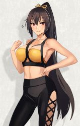 Rule 34 | 1girl, alternate costume, alternate hairstyle, black hair, black pants, breasts, brown eyes, closed mouth, collarbone, feet out of frame, hair between eyes, hair ribbon, hand on own hip, high-waist pants, highres, kantai collection, kasumi (skchkko), large breasts, long hair, nagato (kancolle), navel, pants, ponytail, ribbon, smile, solo, sparkle, very long hair, yellow ribbon