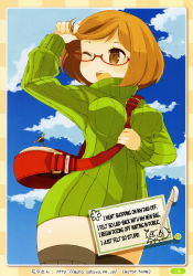Rule 34 | 1girl, bag, between breasts, blush, breasts, brown eyes, brown hair, cloud, day, english text, glasses, green shirt, hard-translated, highres, mota, nikki (swapnote), nintendo, one eye closed, open mouth, ribbed sweater, shirt, short hair, shoulder bag, strap between breasts, swapnote, sweater, thighhighs, third-party edit, turtleneck